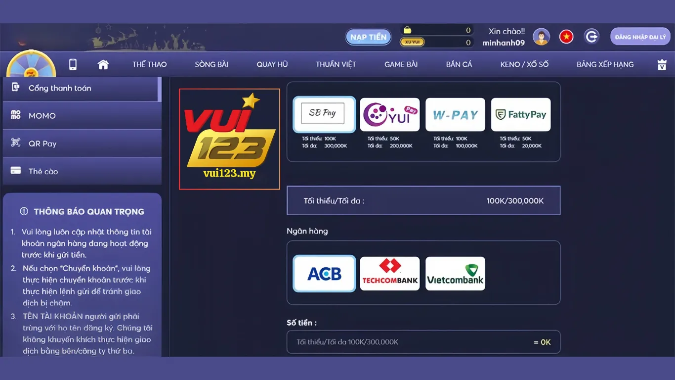 Những phương thức nạp tiền Vui123