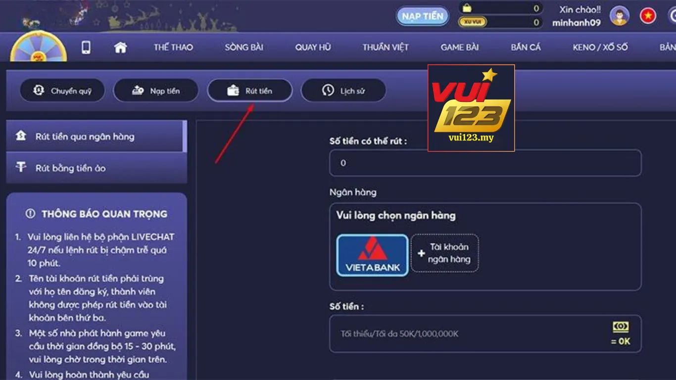 Hướng dẫn quy trình rút tiền Vui123 thành công